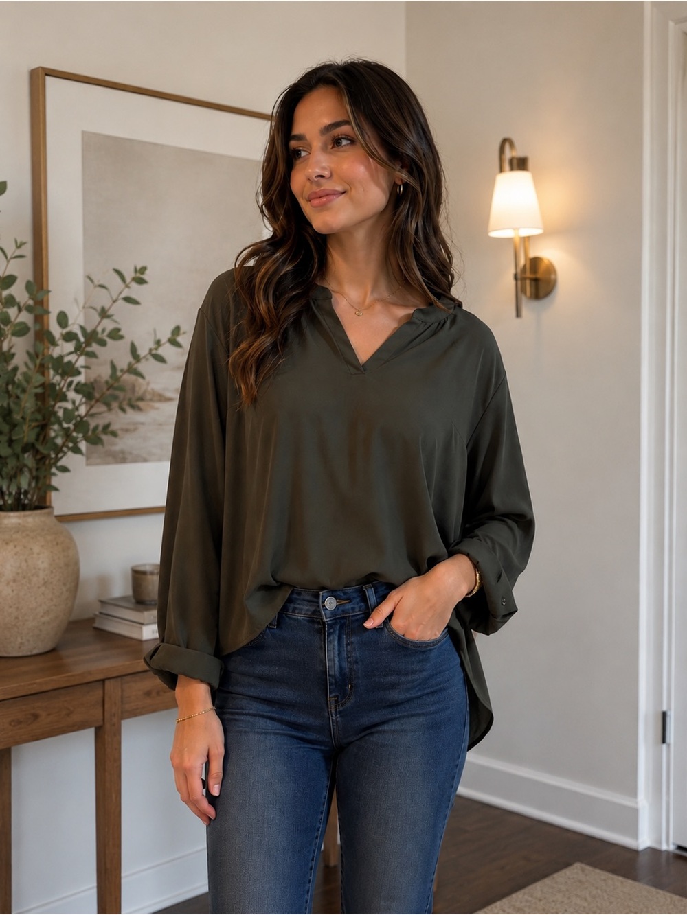 Express Women’s Olive Green Long Sleeve Blouse Top Office Chic minimalist career